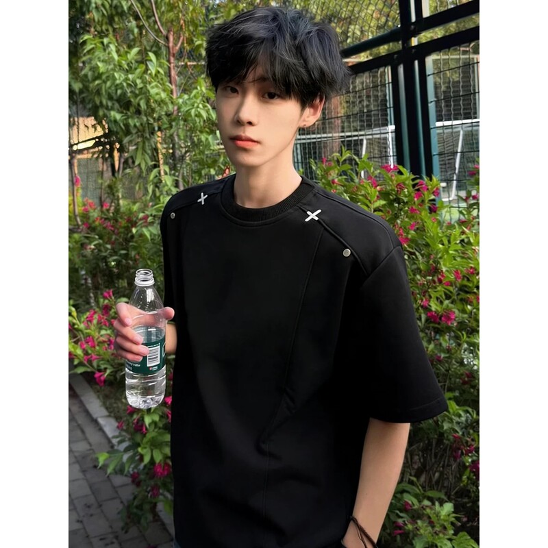 American-Style Patchwork Cross Embroidery Short-Sleeve Men's Summer Youthful Heavy-Duty Regular Shoulder T-Shirt Cleanfit Half-Sleeve