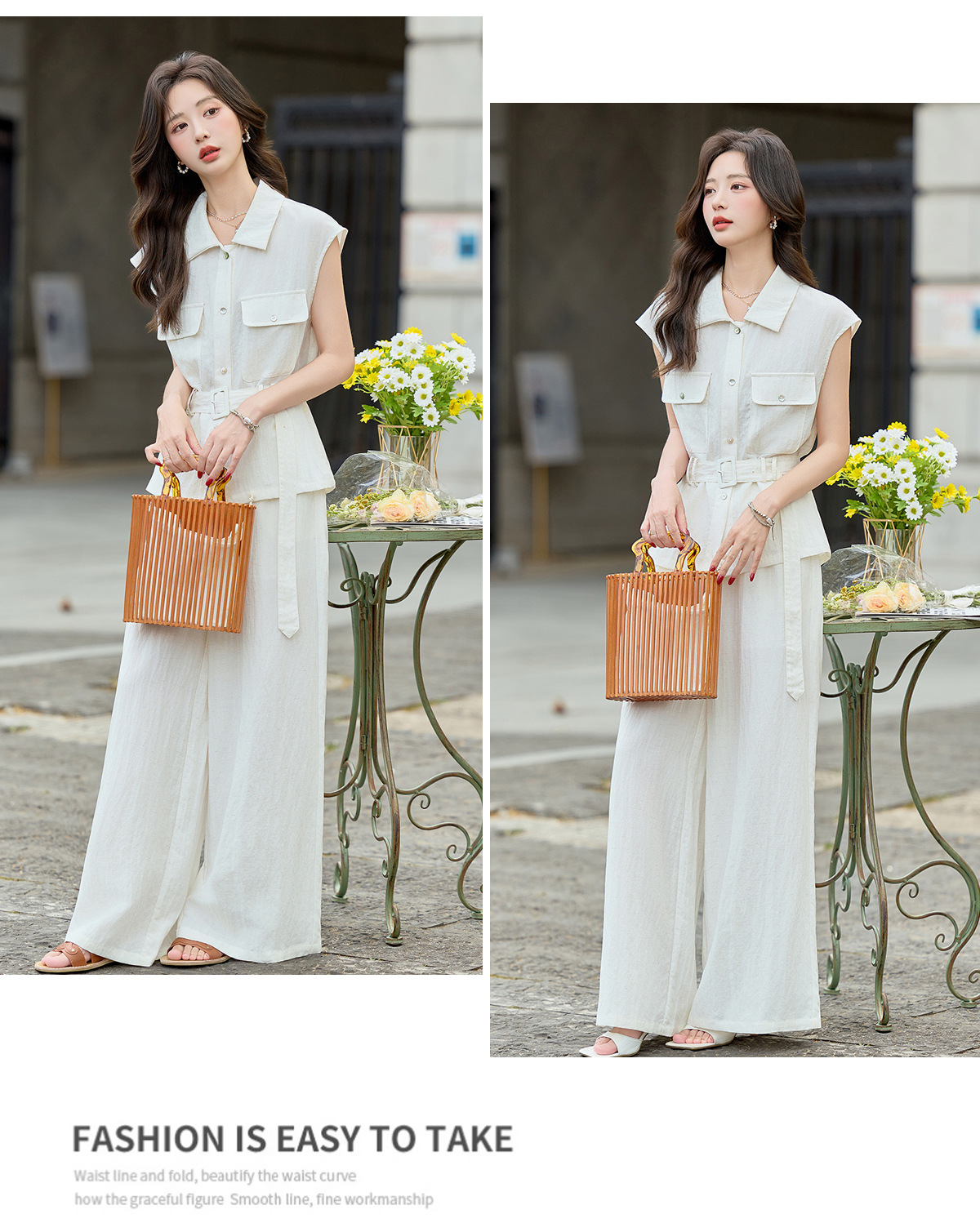 Bộ jumpsuit nữ tay ngắn cổ bẻ ống rộng mùa hè 2026 — màu trắng ngà, màu vàng chi tiết 16