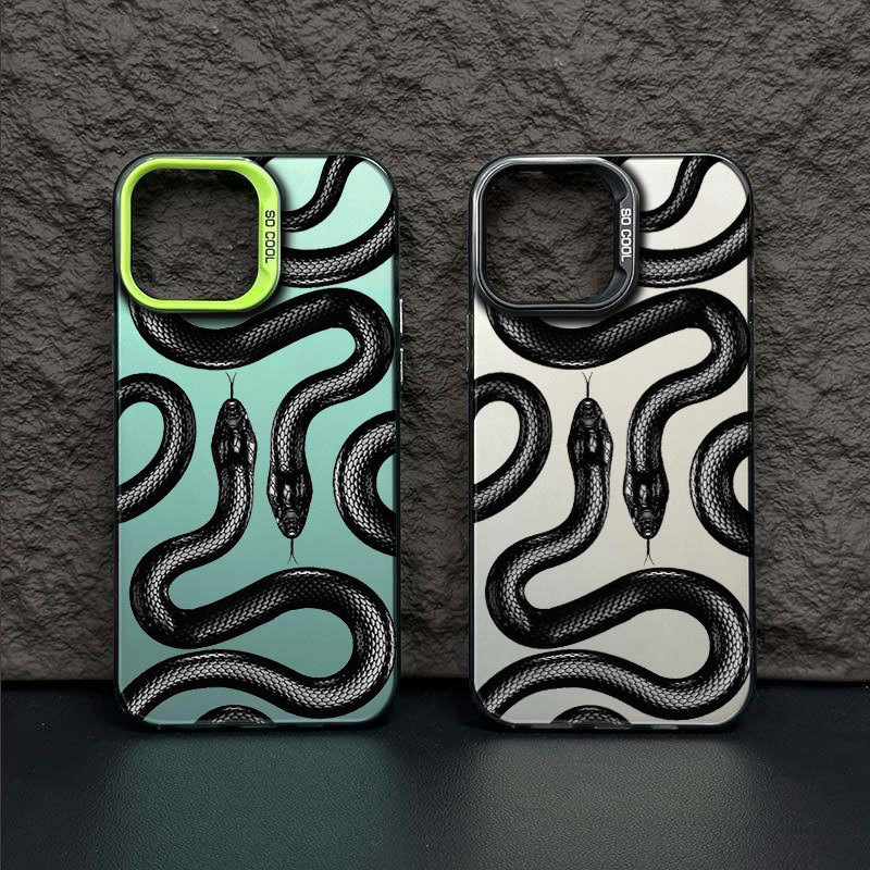 适用IP15热销图案2条黑色大王蛇高级感双层彩银IMD磨砂防摔手机壳