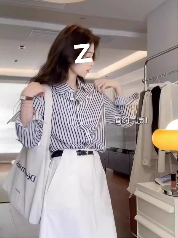 复古Polo领职业面试撞色条纹衬衫女春秋宽松显瘦衬衣叠穿内搭上衣|undefined