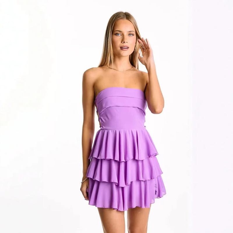 Amazon strapless three-layer ruffle cake dress chiffon strapless waist-slimming slimming party foreign trade fashion dress Amazon strapless three-layer ruffle cake dress chiffon strapless waist-slimming slimming party foreign trade fashion dress