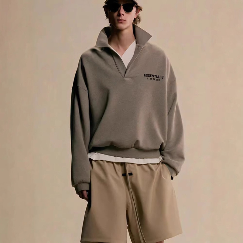 ESSENTIALS New Autumn and Winter Printed POLO Collar fleece-lined Sweat Simple All-match Men's and Women's Couple Top