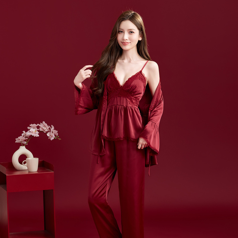 Red Pajamas Solid Color Nightgown Women's Dressing Gown Sexy Suspender Pants Three-Piece Set Lace Zodiac Year Home Wear Set