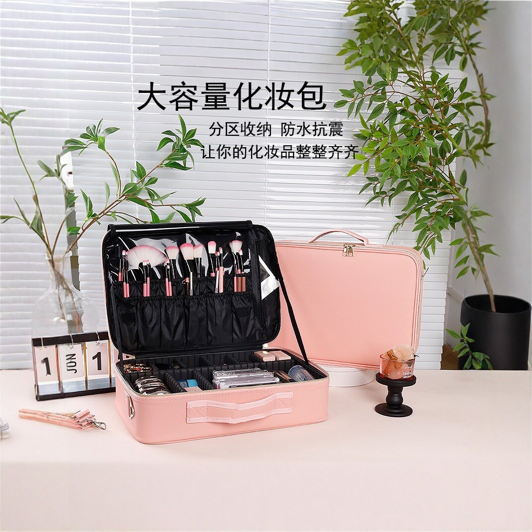 Large-capacity makeup bag with multiple compartments, waterproof, portable, with mirror, suitable for storing tattoo and nail art tools
