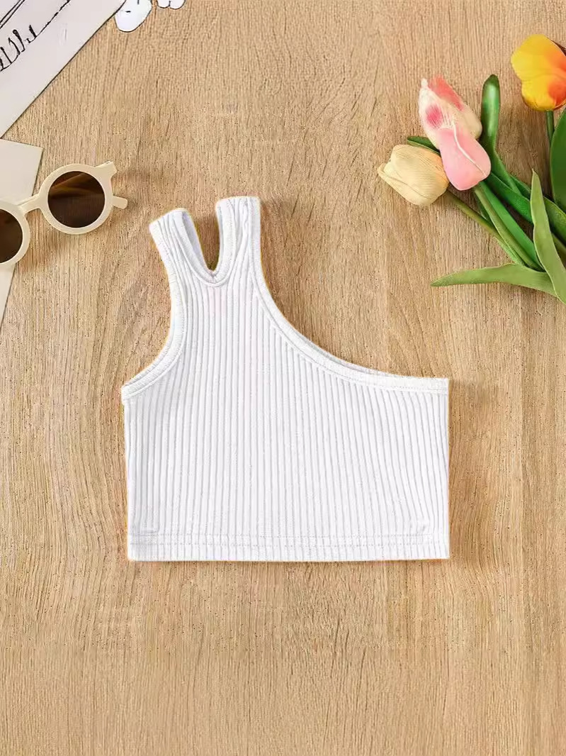 2026 chaleco de verano transfronterizo de ropa infantil de niñas nuevas niñas de comercio exterior hombros inclinados irregulares cinturón de 100 camisas