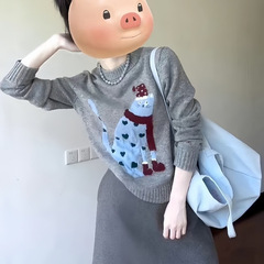韩系慵懒风卡通猫咪提花毛衣女2025秋冬新款高级感套头针织衫上衣