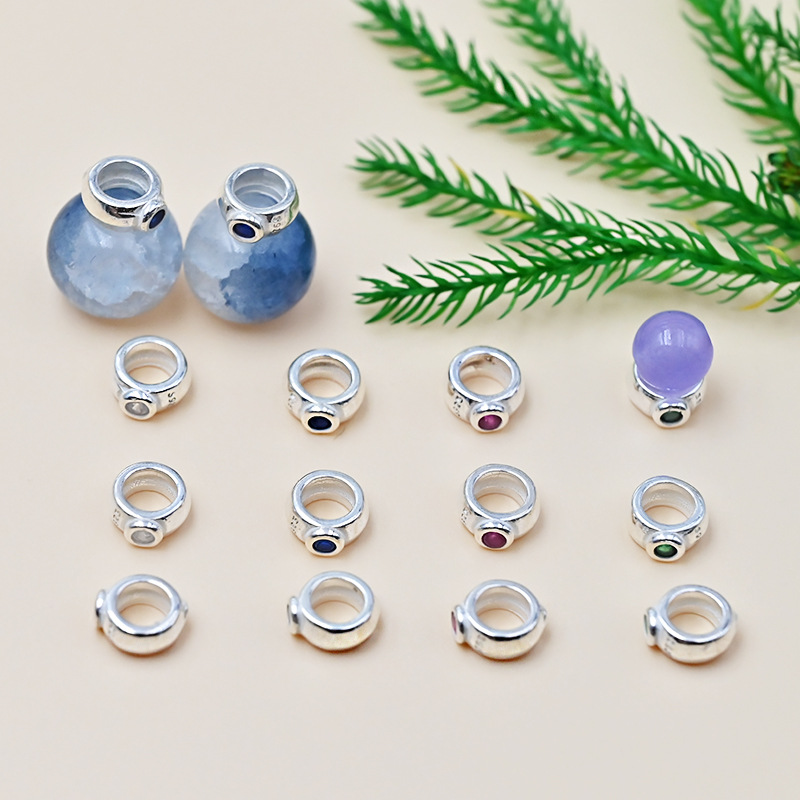 S925銀鑲嵌鋯石彩色小銀圈隔珠大孔隔片diy手工串珠編繩飾品配件