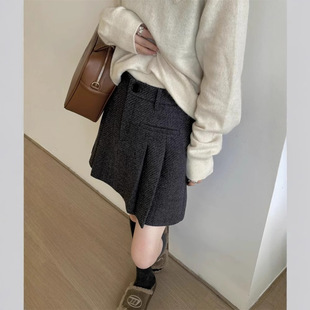 plus size High Waist Wool Pleated Skirt Anti-glare A- line Skirt All-match Thickened Slim-fit College Style Skirt