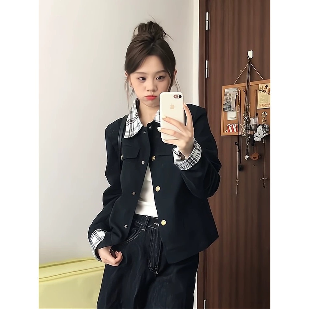 现货 初秋外套女2026新款春秋小个子休闲翻领格纹拼接夹克潮