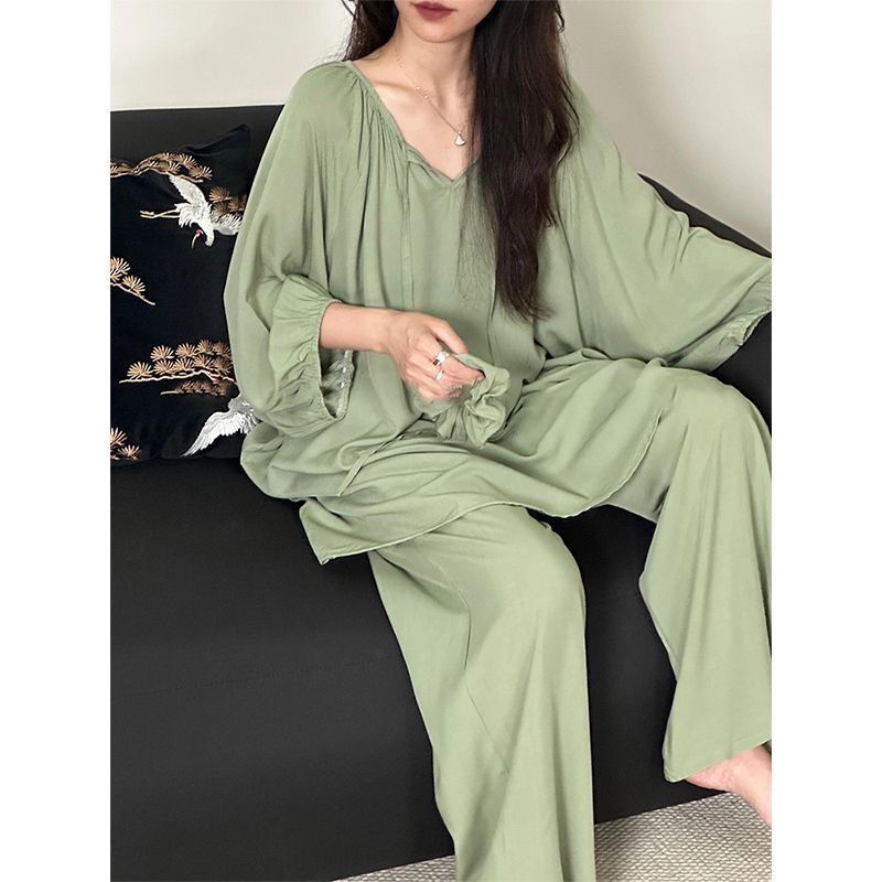Spring and Autumn Cotton Silk Loose Old Money Style Solid Color Flowing Three-Quarter Sleeve Long Pants Simple Comfortable Loungewear (with Hair Tie)