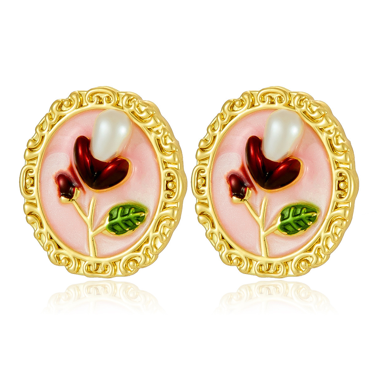 Pintura al óleo medieval estilo moda todo-fósforo pintura de perlas gotas de aceite pendientes de flores estilo dulce diseño de nicho pendientes mujeres