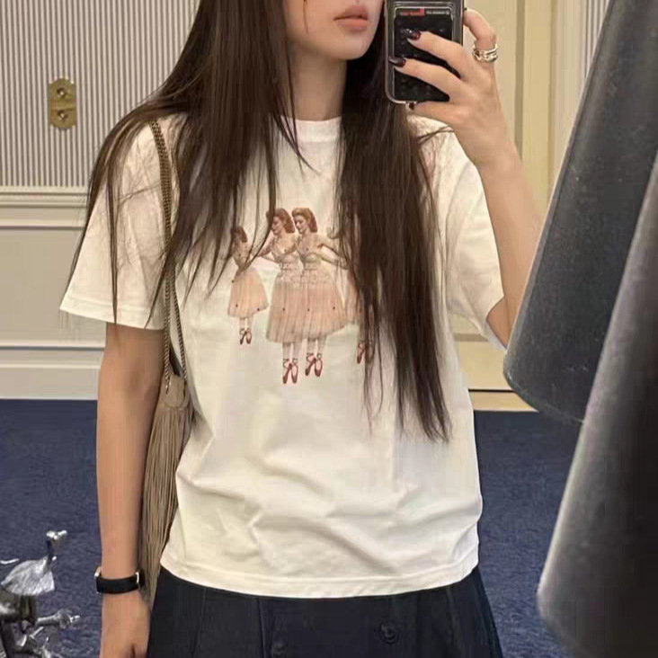 Fan Sun·Xh2026 Spring New Korean Dongdaemun Fletta Designer's Same Style Ballet Girl Print Short-Sleeve Shirt
