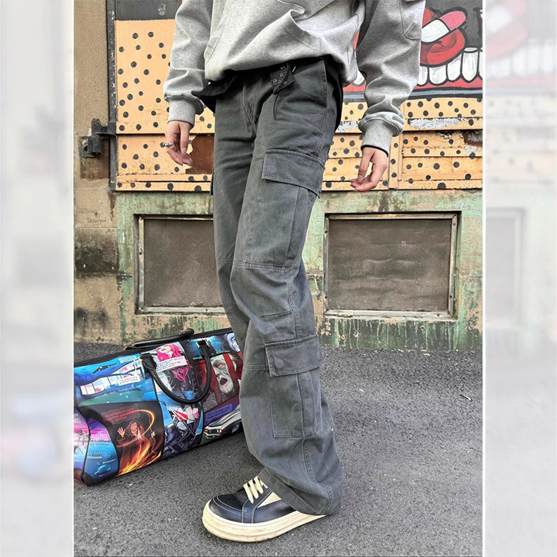 High Street Multi-Pocket Washed Straight-Leg Jeans for Men, Spring and Autumn American Retro Loose Casual Distressed Cargo Pants