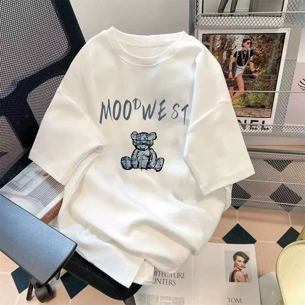 厂家批发男装2024夏季五分袖暴力熊短袖印花T恤上衣简约宽松T恤衫