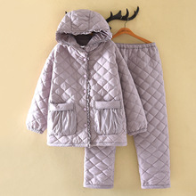 紫色连帽防风防水夹棉睡衣女秋冬季三层加厚法兰绒保暖家居服套装