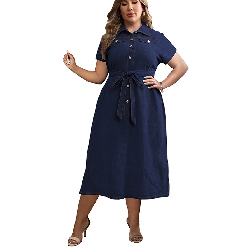 Damen Plus Size Jeans-wickelkleid Mit Gürtel Und A-linien-schnitt_voghion.com