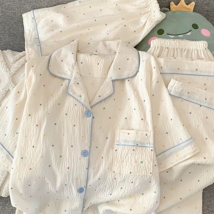 Women's Pajamas 2026 New Summer High-End Short-Sleeved Three-Piece Set with Chest Pads and Polka Dots, Comfortable Home Wear Set Women's Pajamas 2026 New Summer High-End Short-Sleeved Three-Piece Set with Chest Pads and Polka Dots, Comfortable Home Wear Set