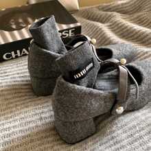 设计感显瘦高级秋冬晚风增高温柔呢子毛毛单鞋加绒蝴蝶结玛丽珍鞋