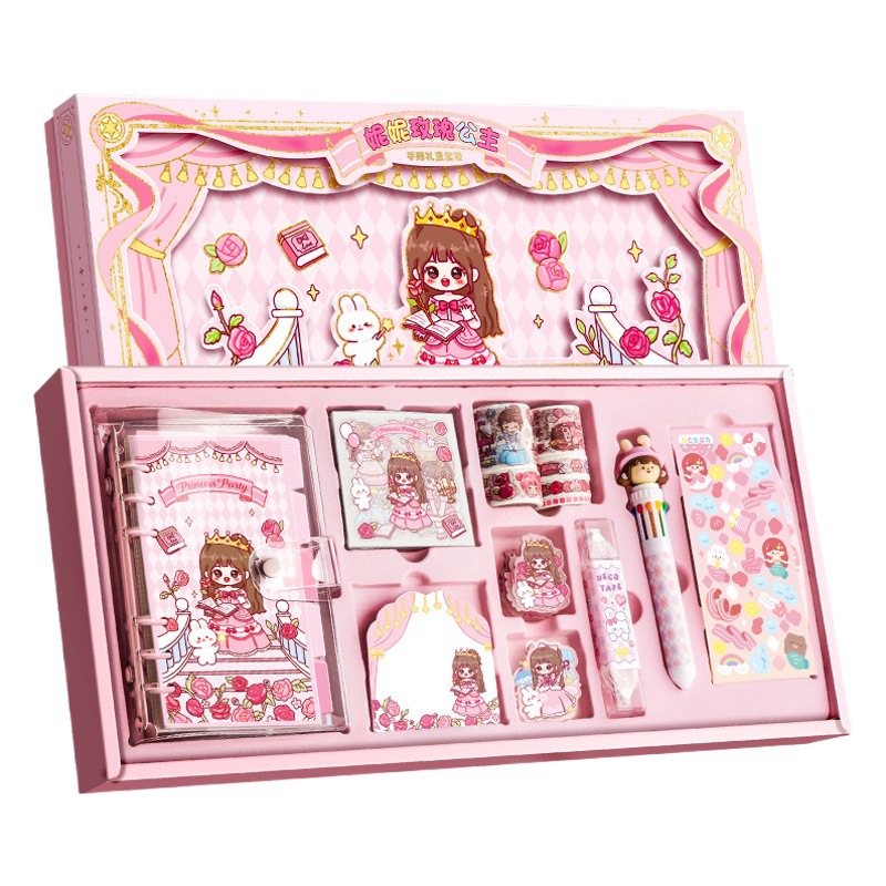 Linda chica traje de libro de hojas sueltas caja de regalo de libro de mano de niña