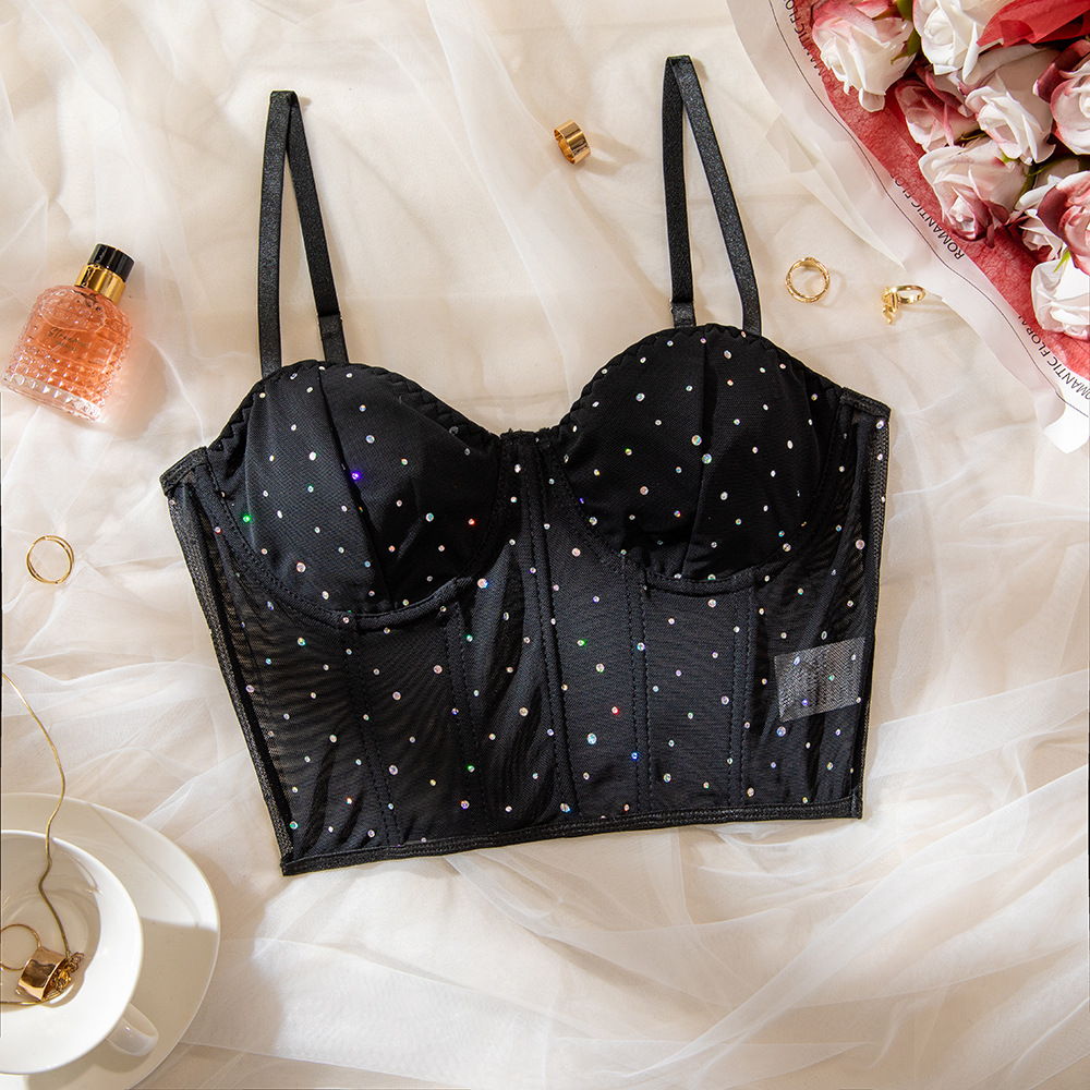 Cross-Border moda sexy discoteca estilo lentejuelas Fishbone acero anillo push up perspectiva ombligo expuesto caliente chica chaleco Delgado