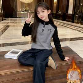 女童拼色洋气拉链撞色打底衫中大童秋冬新款插肩洋气长袖加绒卫衣