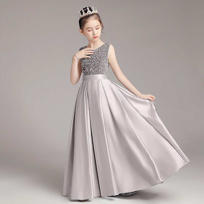 Concurso de piano para niñas vestido de noche traje de princesa vestido infantil anfitrión gris colorido cintura ajustada traje de rendimiento primavera
