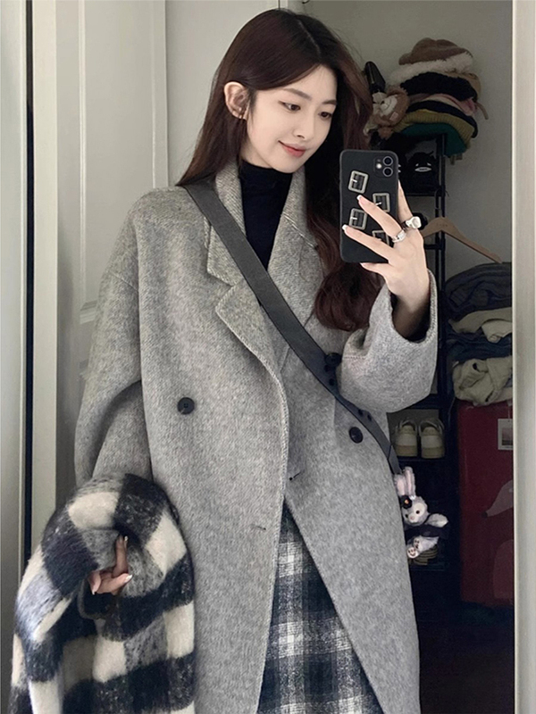 灰色毛呢外套女2025年新款秋冬装韩系小个子高级感中长款呢子大衣|undefined