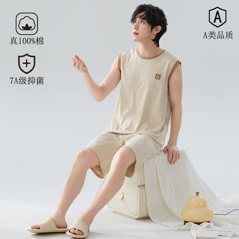 Class a Antibacterial Men's Pajamas Summer Pure Cotton Vest Sleeveless Men's Youth Large Size Home Wear Summer Suit
