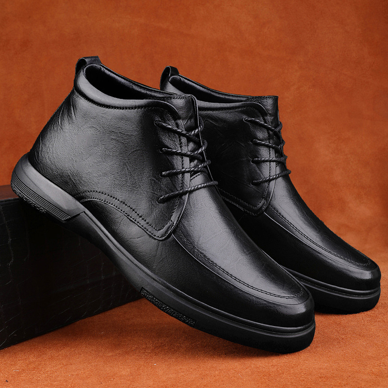 Cross-Border Leather Shoes for Men 2025 New Autumn and Winter Velvet Warm Boots for Men Lace-Up Genuine Leather Casual Style Leather Boots