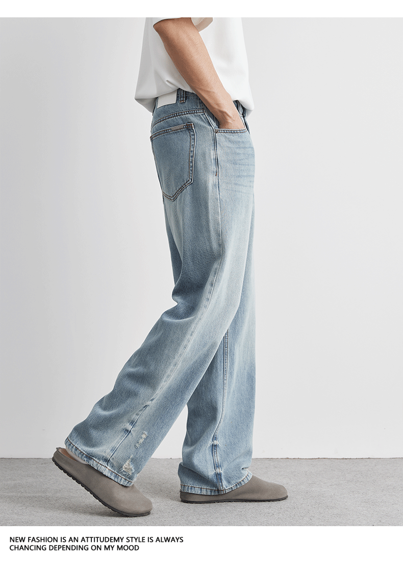 Quần jean nam ống rộng, màu xanh nhạt, phong cách cleanfit, chất liệu mỏng nhẹ — Màu xanh lam nhạt chi tiết 17