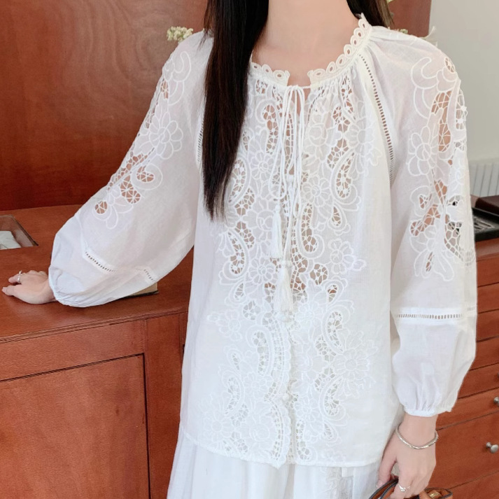 2026 Nanyou High-Quality New Embroidered Blouse 100% Cotton Pullover Tie-Up Round Neck Top + Irregular Skirt