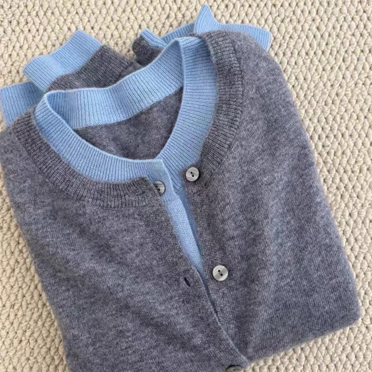 100 Australian Pure Wool Cardigan Women's Round Neck Fake Two-Piece Knitwear Jacket Color Matching Fashion Korean Cashmere Knitwear