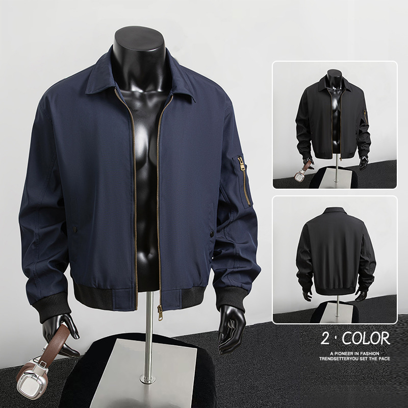 American Retro Navy Blue Bomber Jacket Men's Spring and Autum Trendy Brand Vintage Short Loose Lapel Jacket