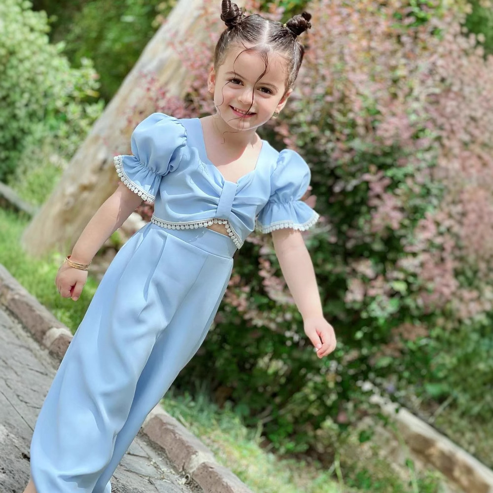 跨境热销童装欧美风泡泡袖花边系带上衣阔腿西装长裤套装厂家批发