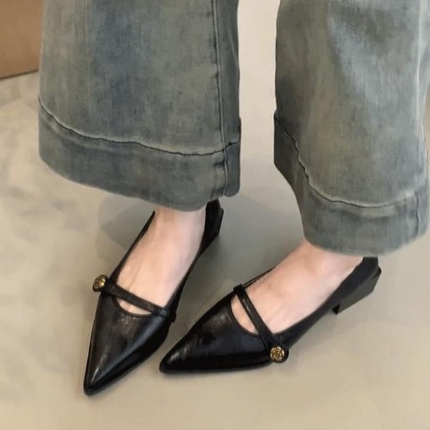 Versión de cuero de vaca ~ primavera y otoño estilo francés de tacones altos de punta, zapatos de tacones altos, zapatos poco profundos para mujeres, zapatos de talón grueso
