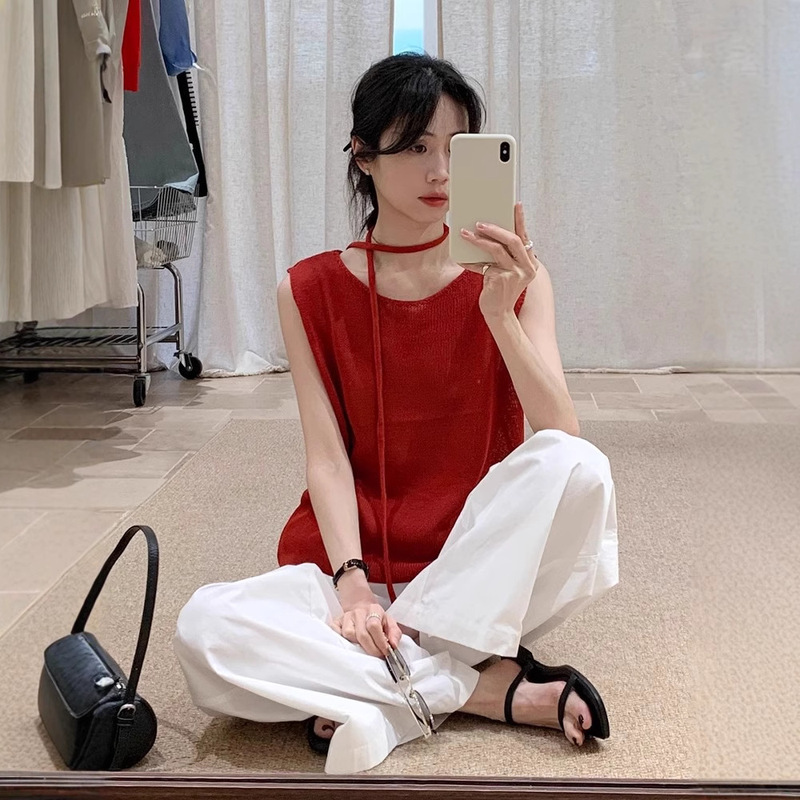 BRIVIN Korean-style Red Simple Exquisite Linen Knitted Vest Women's 2025 Summer New Waist Waistcoat