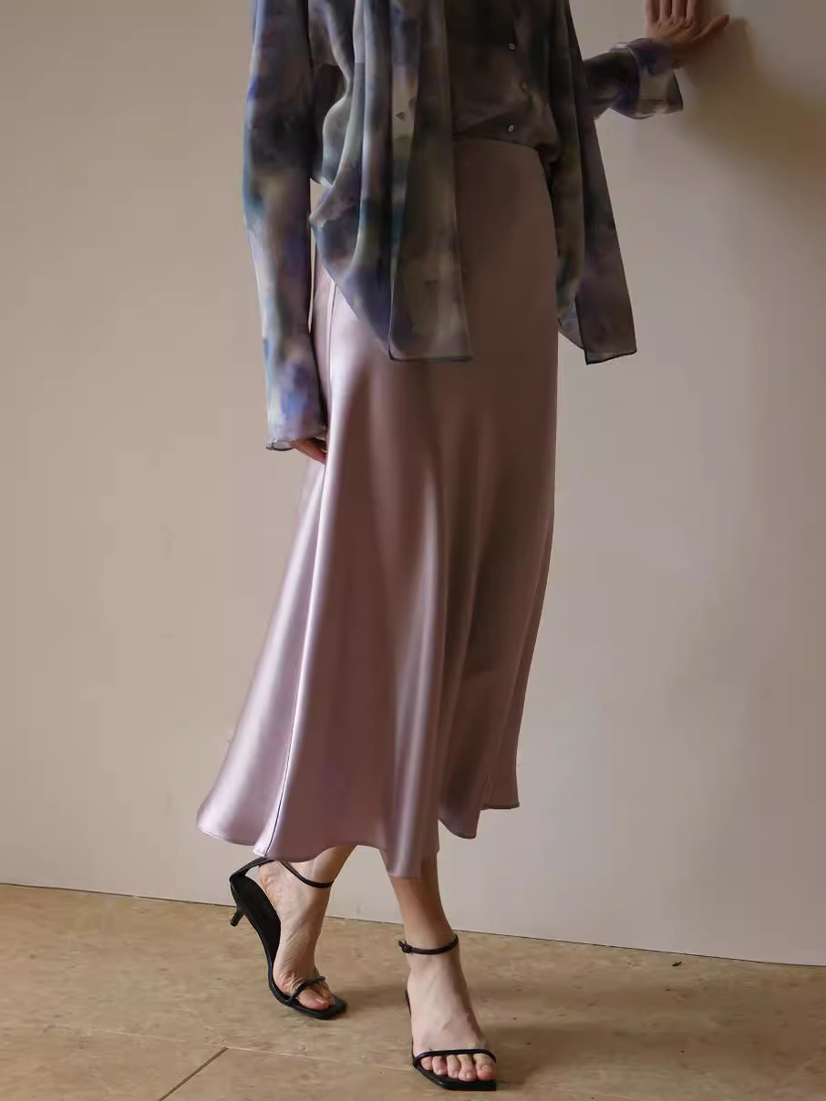 80S-Style Long Acetate Satin Fishtail Skirt for Petite Women, Spring/Summer Thin Elastic Waist A-Line Skirt