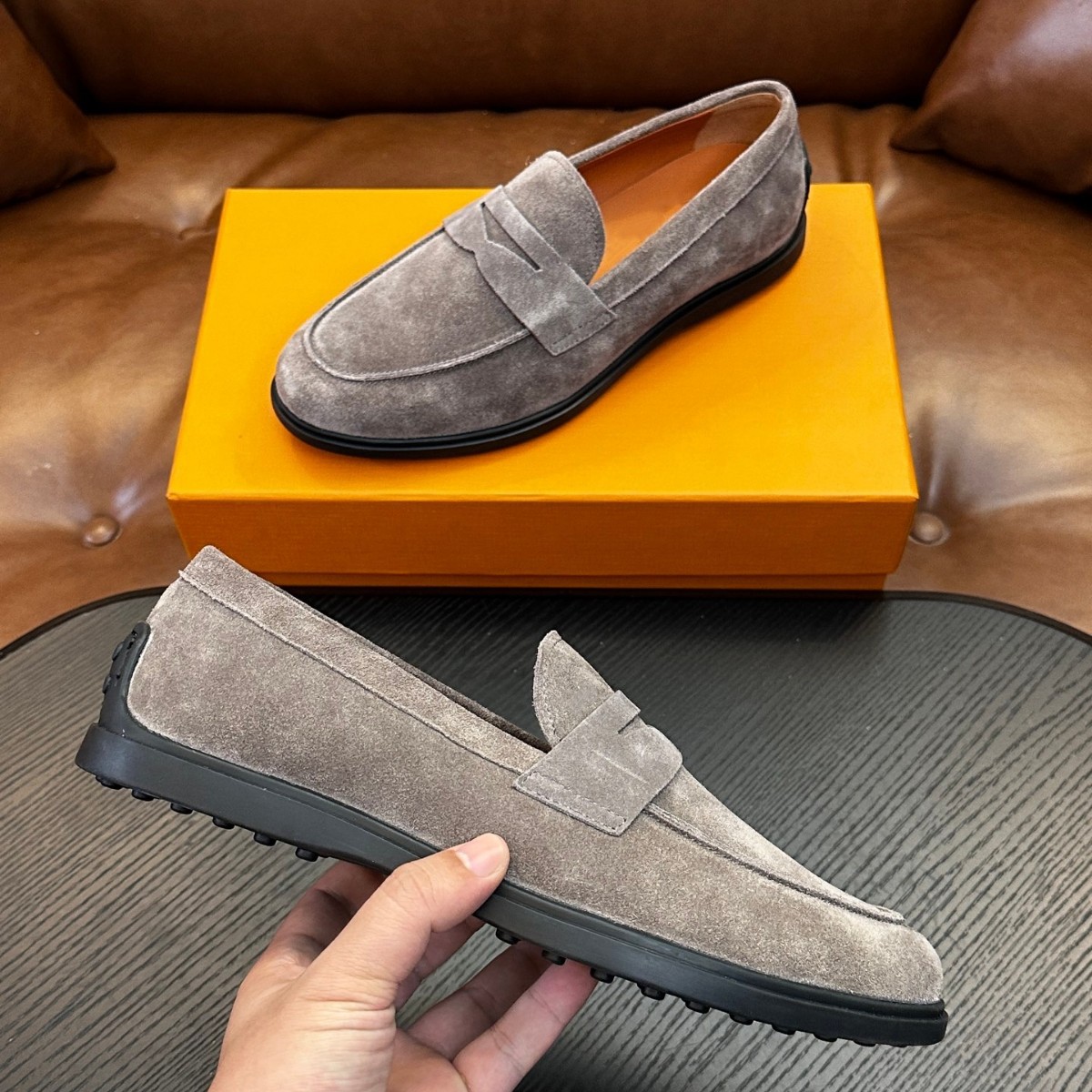 Men's Genuine Leather Slip-On Loafers, Suede Business Casual Shoes, Soft-Soled Breathable Driving Shoes, Cross-Border Men's Shoes