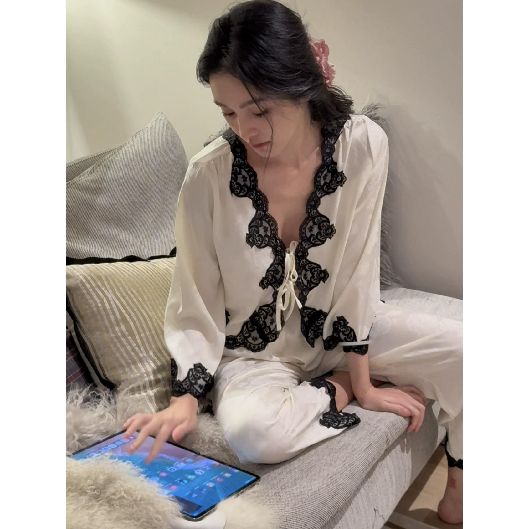 Shorts white jade, trousers, long-sleeve, set, pijama, french style, lifting effect, 4 piece set