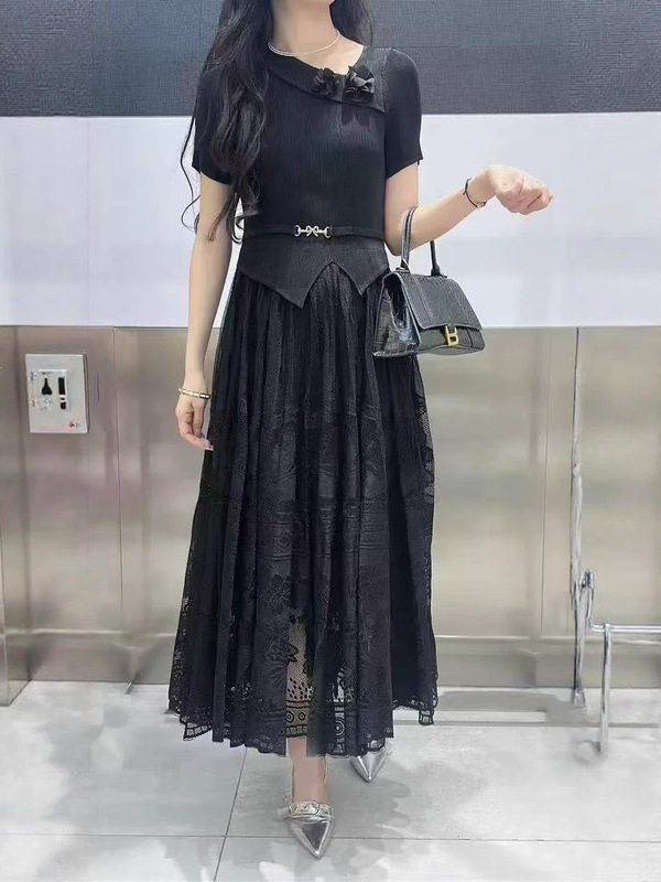 2025夏季新款蝴蝶结斜领蕾丝网纱刺绣拼接假两件仙女连衣裙女装|undefined