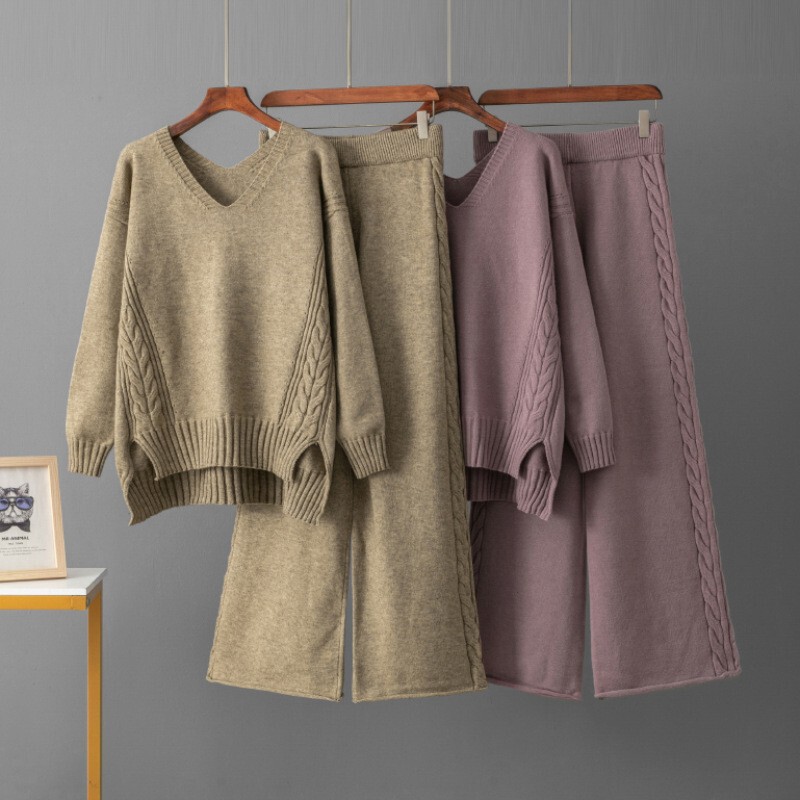 Cross-Border Fashion Set Autumn and Winter New Large Size Solid Color Knitted Lazy Style Loose Autumn and Winter Two-Piece Set for Women Cross-Border Fashion Set Autumn and Winter New Large Size Solid Color Knitted Lazy Style Loose Autumn and Winter Two-Piece Set for Women