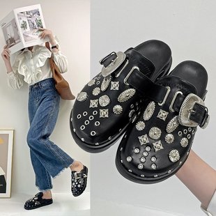 Internet Celebrity Same Style Shoes Top-covered Half-tow Women's 2023 New British Retro Thick-soled Rivet Flat-soled Mueller Shoes