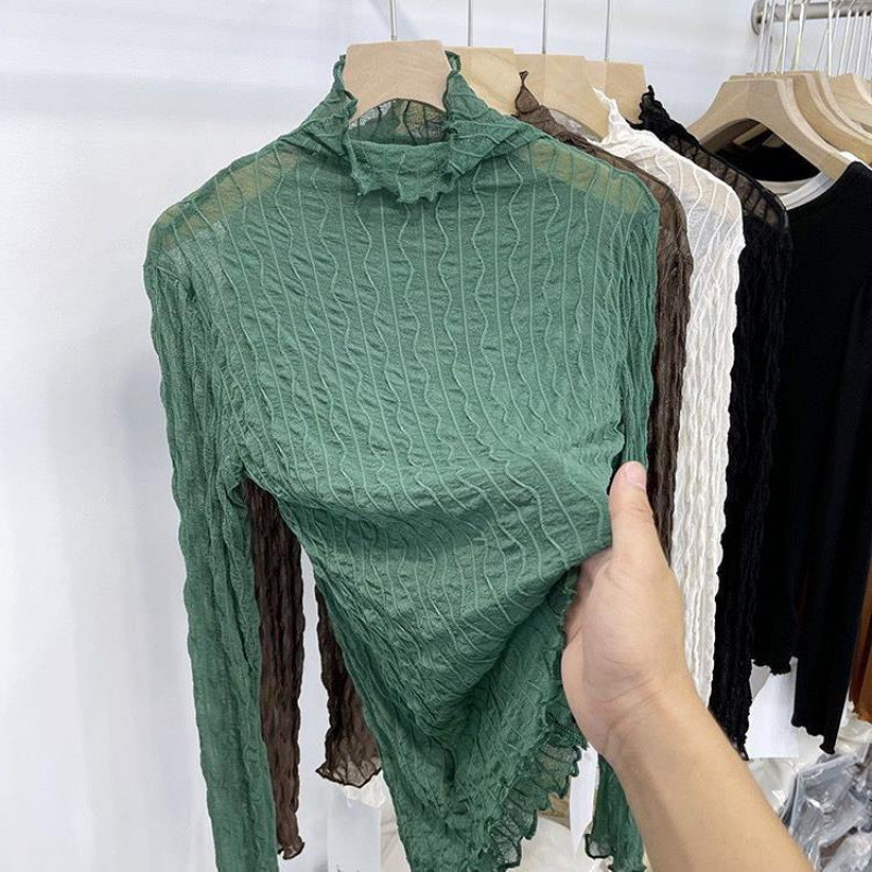 2024早秋新款欧货修身显瘦薄款半透明高领T恤女长袖春秋内搭打底