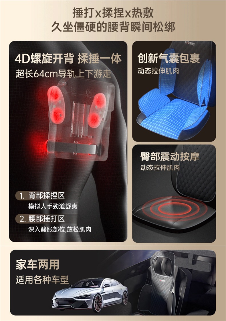 Kalenshi S308 massage cushion for back, waist, cervical spine, and whole body, multifunctional massager for chair, car, and home use