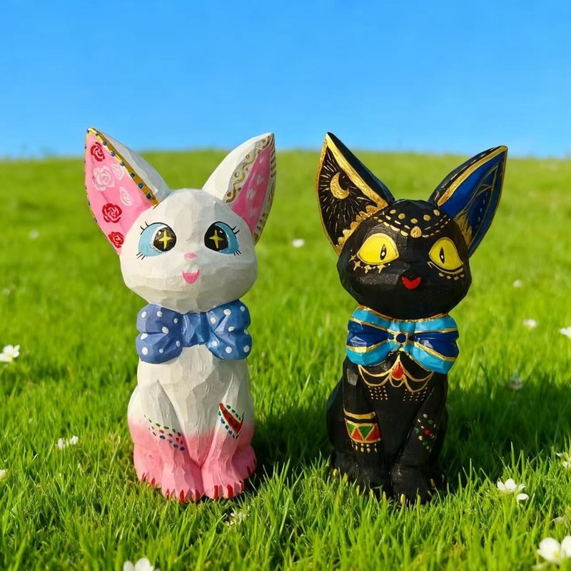 木雕吉吉猫摆件办公桌书桌电视柜茶几摆件装饰DIY白胚绘画创意|undefined