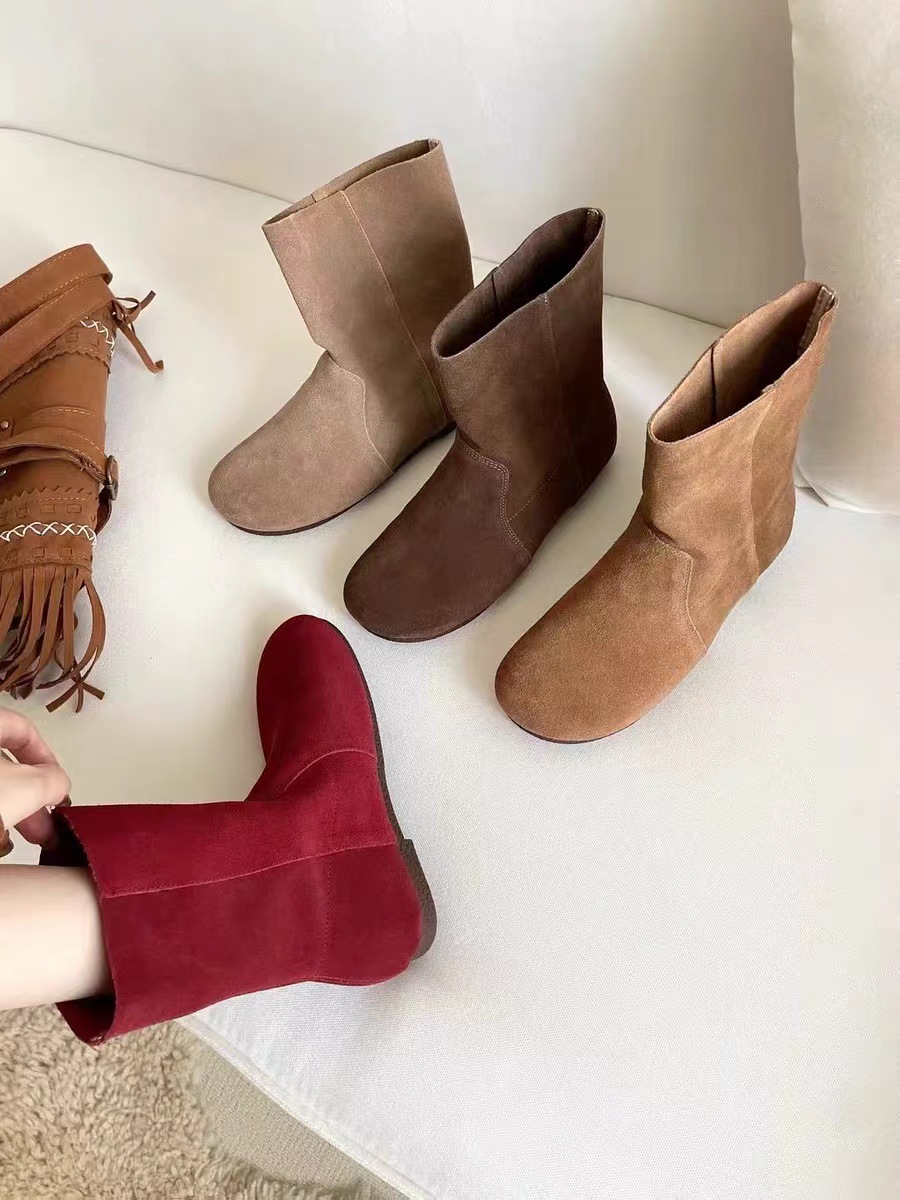 Chaussures ShoeVault en cuir suédé véritable pour femme, modèle Martin, collection automne-hiver 2024, style rétro, bout rond, souple, confortable et polyvalent._voghion.com