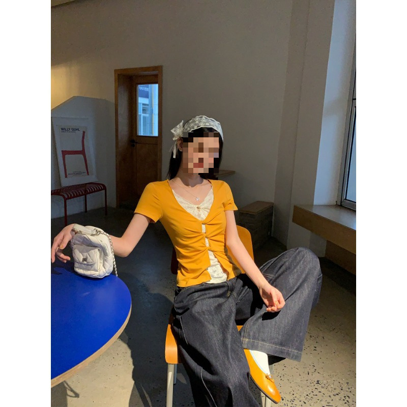 Customizable with Embroidery and Print, Mango Yellow Faux Two-Piece Lace Short-Sleeve T-Shirt, Summer Twist Design, Slim Fit Customizable with Embroidery and Print, Mango Yellow Faux Two-Piece Lace Short-Sleeve T-Shirt, Summer Twist Design, Slim Fit