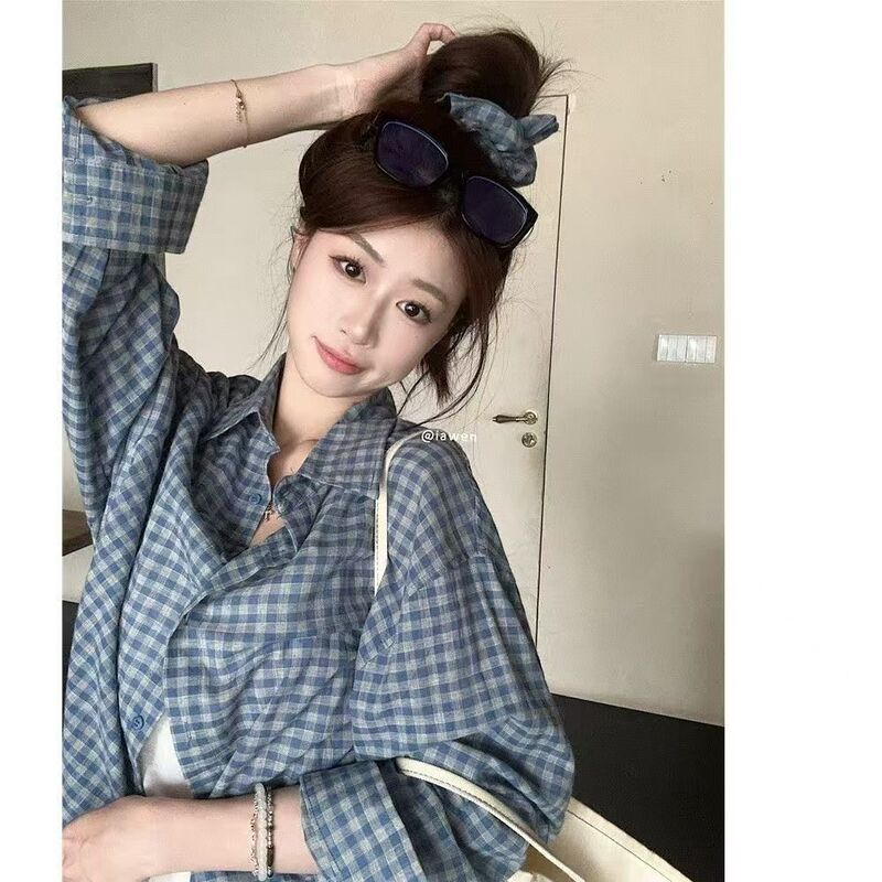 Blue Plaid Shirt Jacket for Women Spring Korean Style Lazy Style Loose Fashion Versatile Foreign Style Pure Cotton Long-Sleeved Top