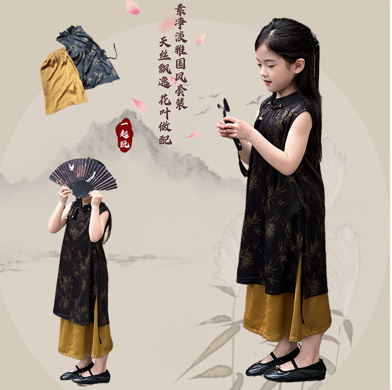 酸甜夏季新款改良中式女童宝宝烫金竹纹旗袍裙套 儿童国风裙套装