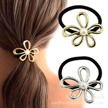 跨境花朵发绳蝴蝶结发夹甜美刘海发饰金色高弹力马尾头绳欧美头饰